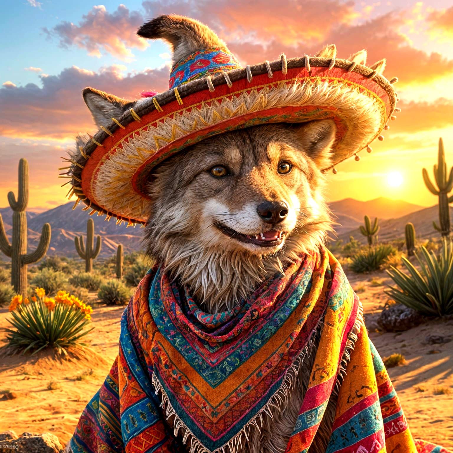 Coyote in Sombrero Grinning at Sunset
