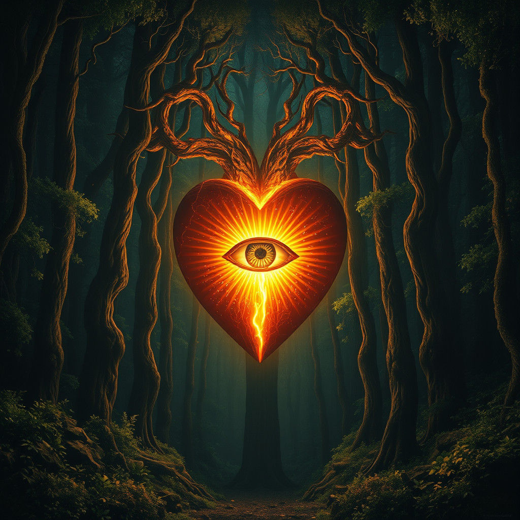 Ethereal Fire Heart in Mystical Forest