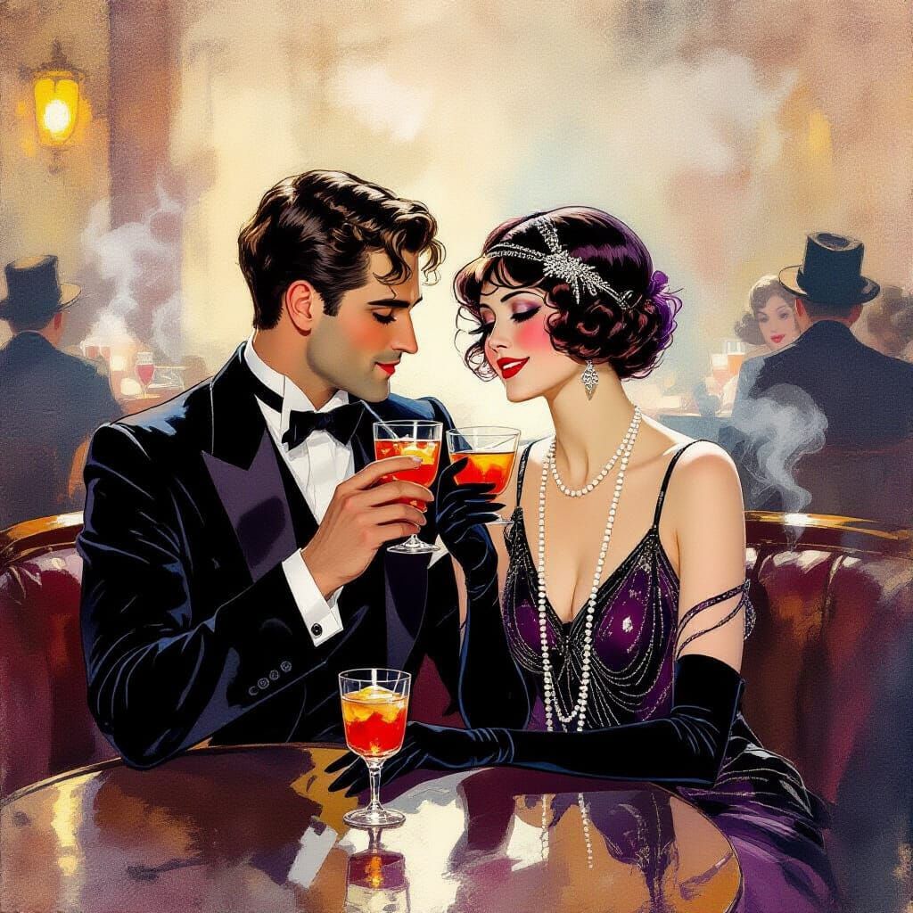 Cozy 1920s Jazz Cafe with Couple in Gouache Style