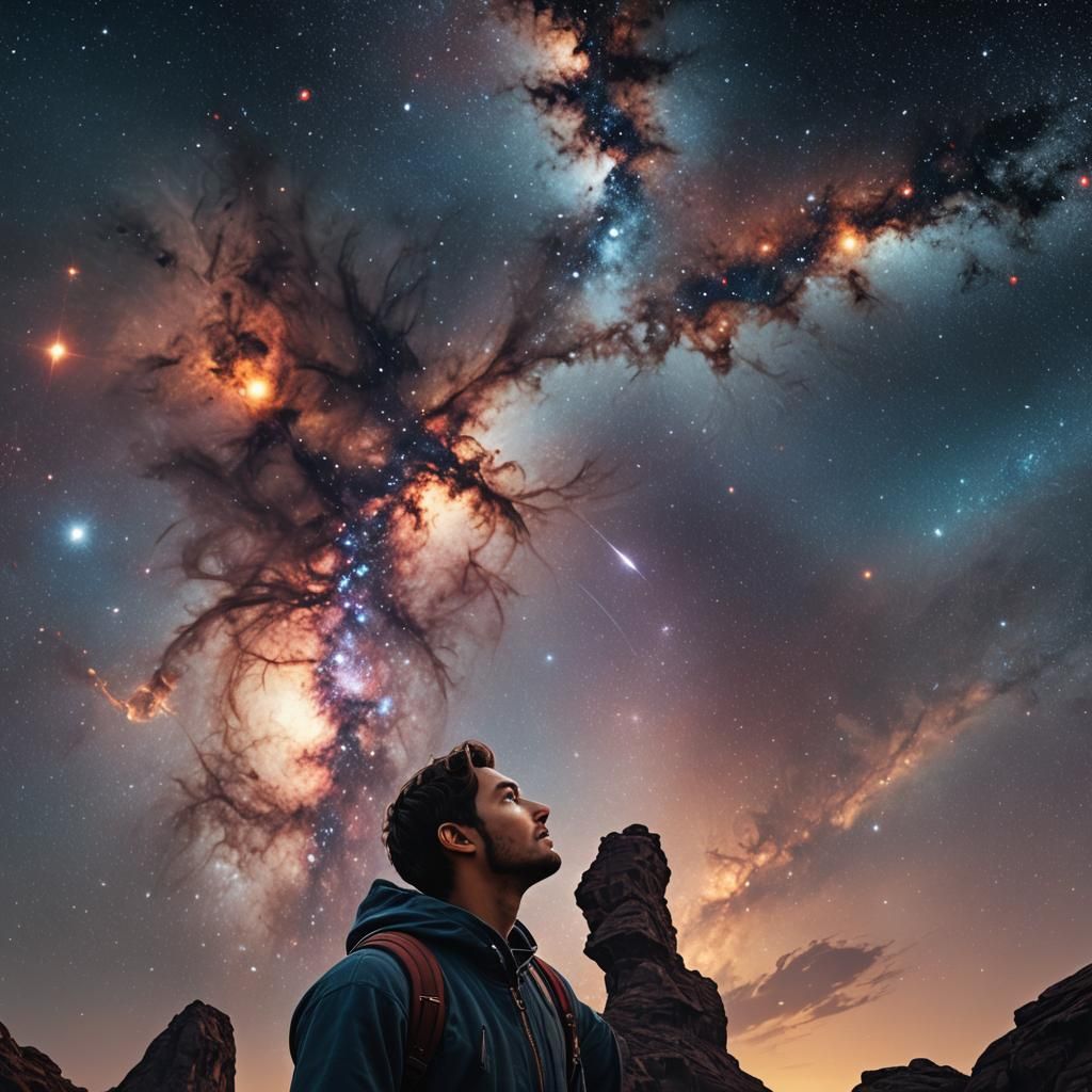 Person Sees Galaxy Sky: Detailed Matte Painting