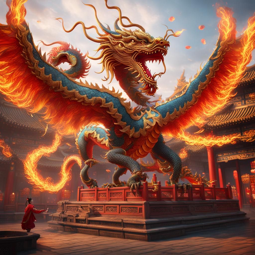 Chinese Dragon and Phoenix Dance: Fantasy Art