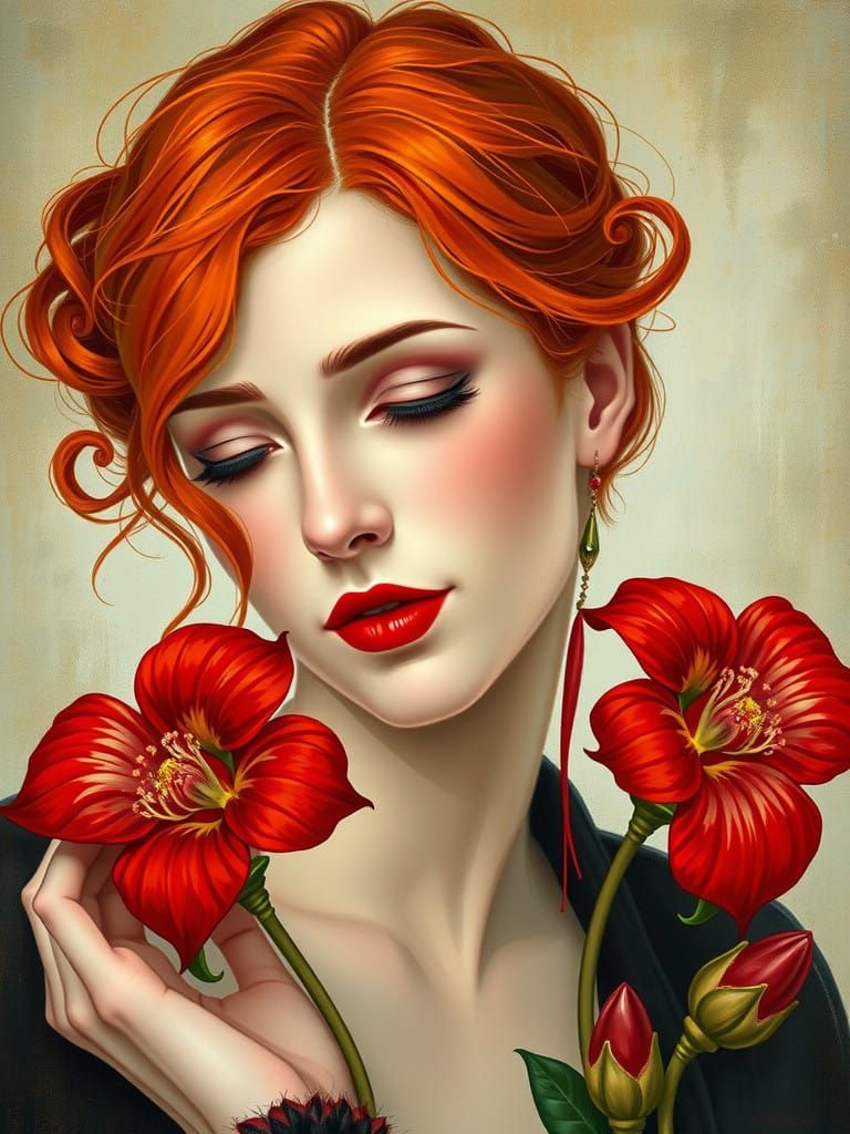 Whimsical Woman Adorned with Red Earrings and Flower
