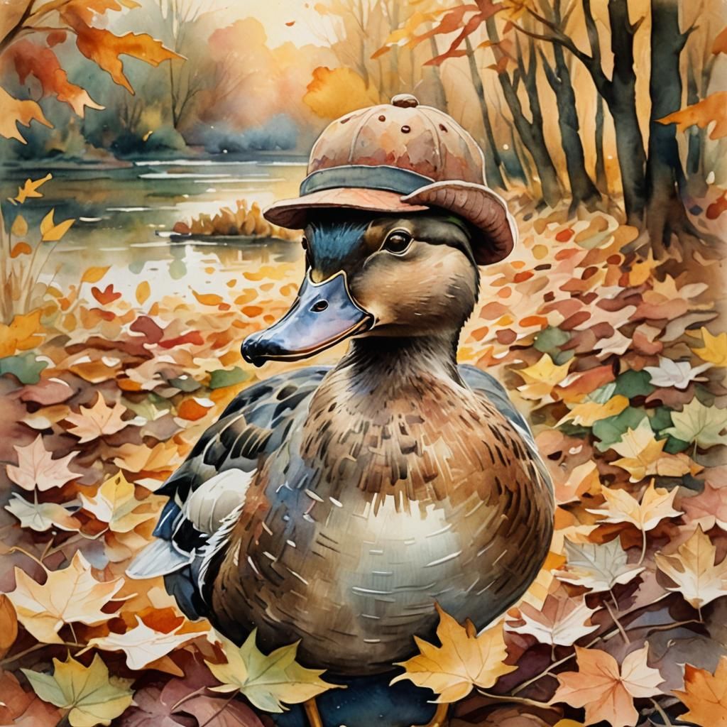 Duck in Wool Hat: Impressionist Watercolor Art
