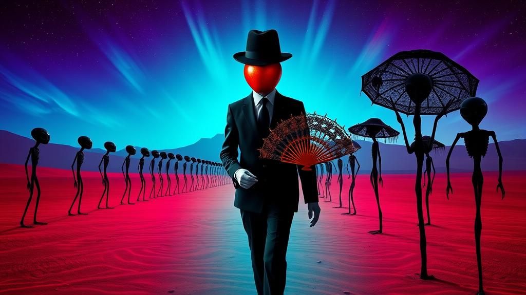 Surreal Desert Walker with Red Apple Face