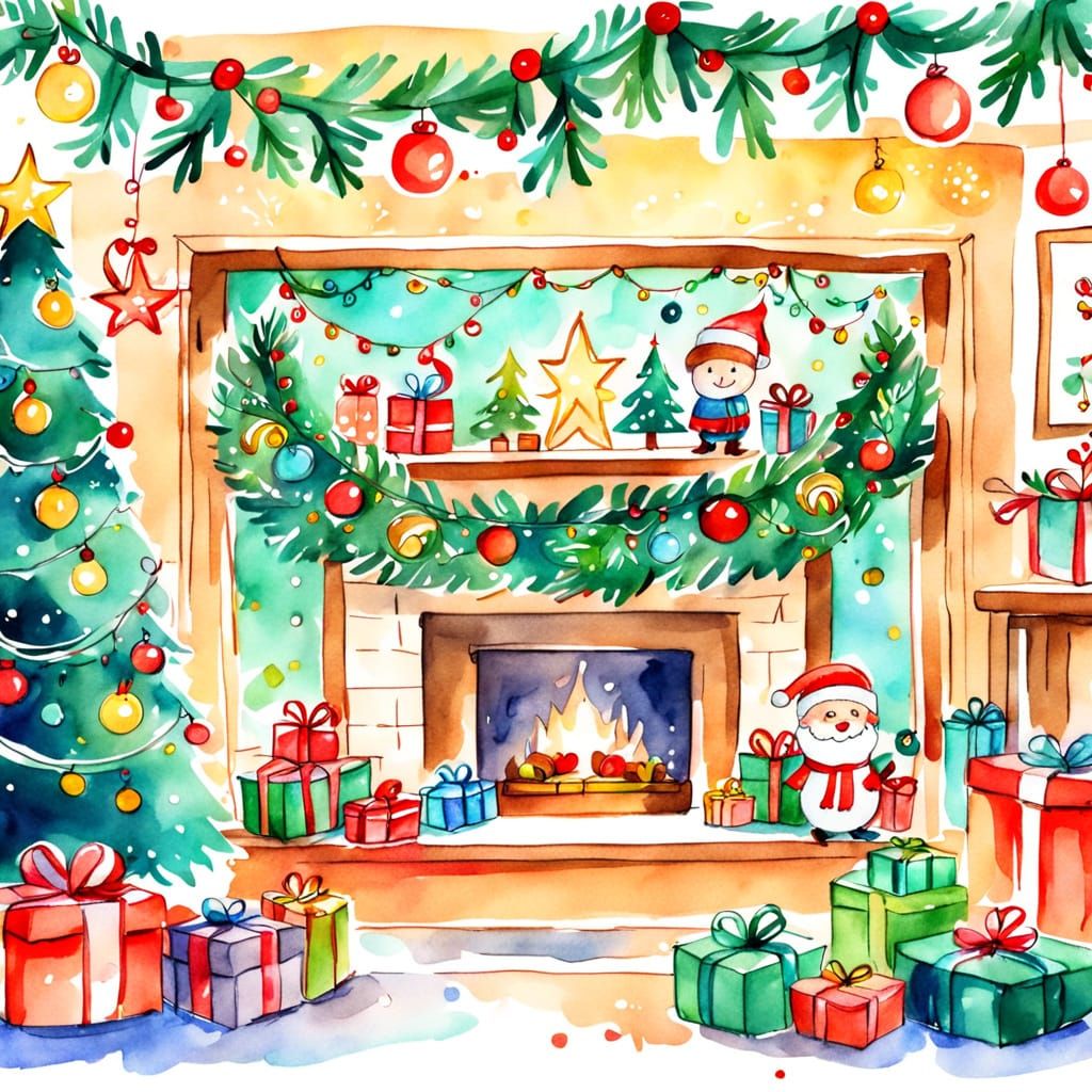 Christmas Garland Watercolor Sketch in Whimsical Cartoon Sty...