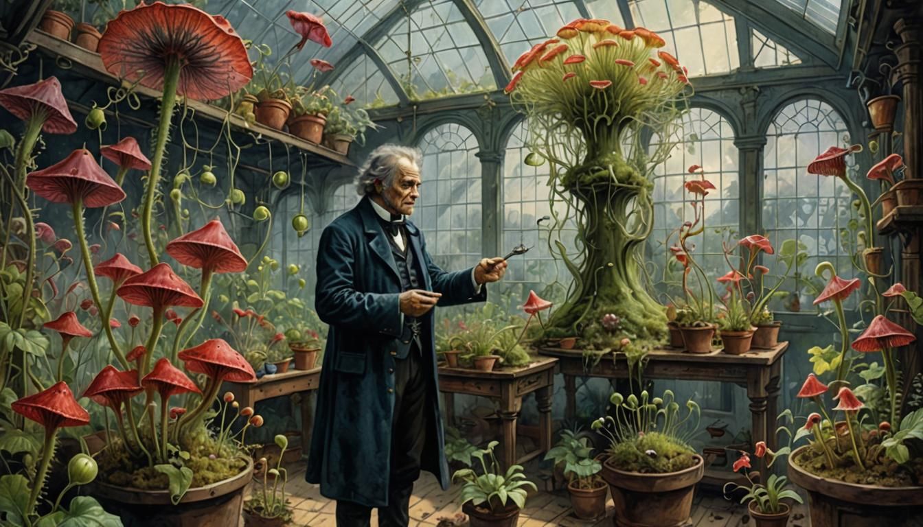 Sorcerer in Greenhouse Admiring Carnivorous Plants, Watercol...