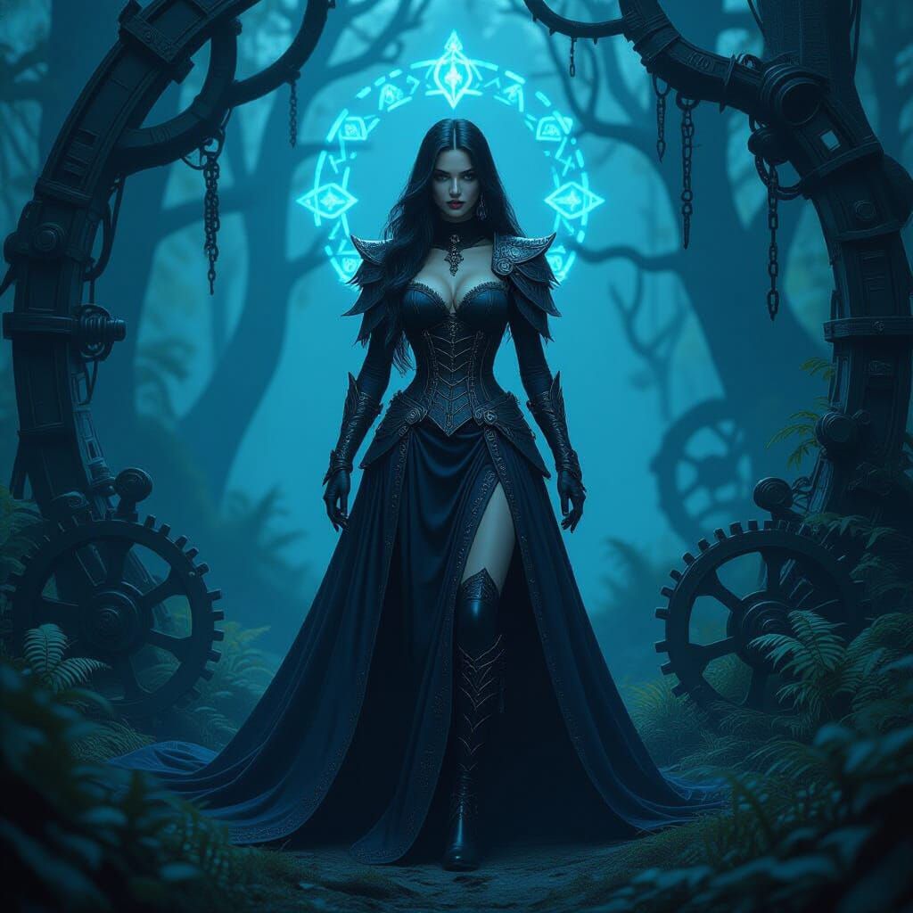 Fae Queen in Mystical Forest with Machinery