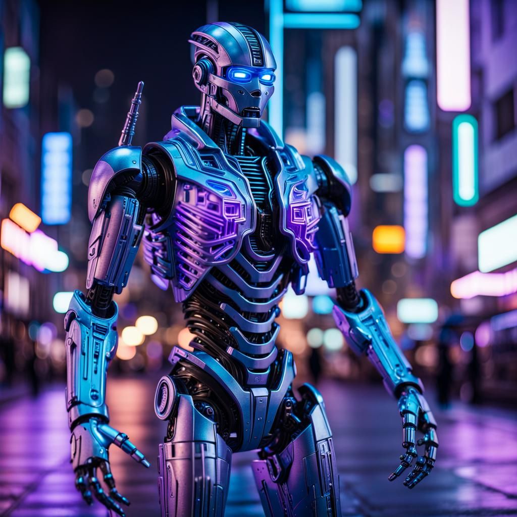 Cyberpunk Robot Action Figure in Neon City