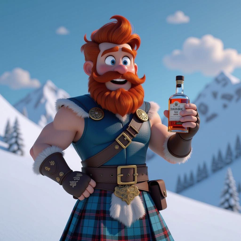 Shocked Scotsman in Snowy Pixar-Style Landscape