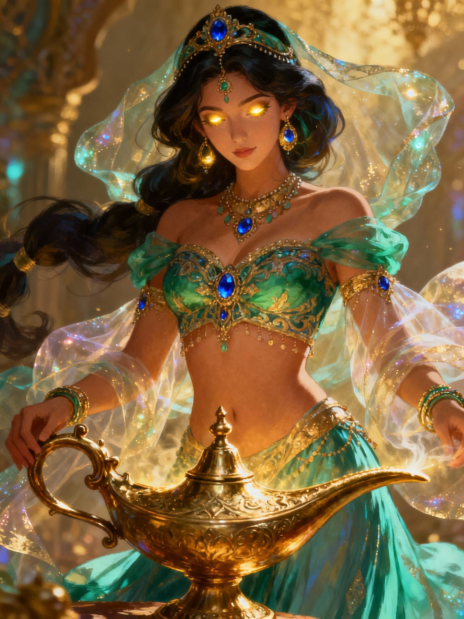 Regal Female Genie Emerges from Lamp Portrait