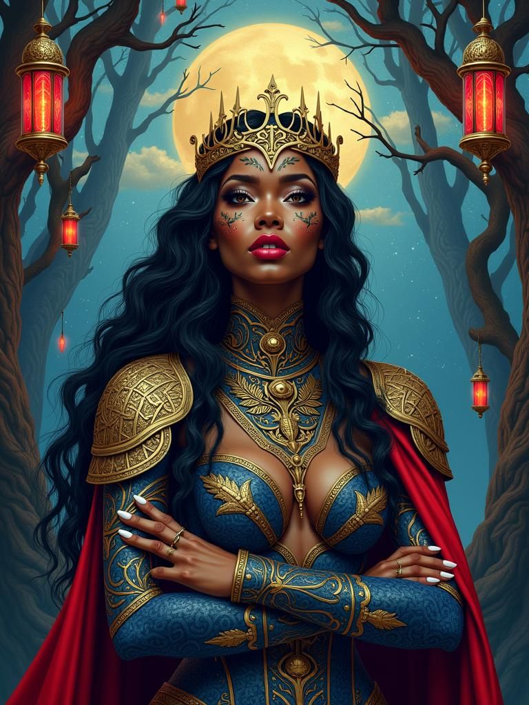 Regal Woman in Ornate Armor, Art Nouveau Style