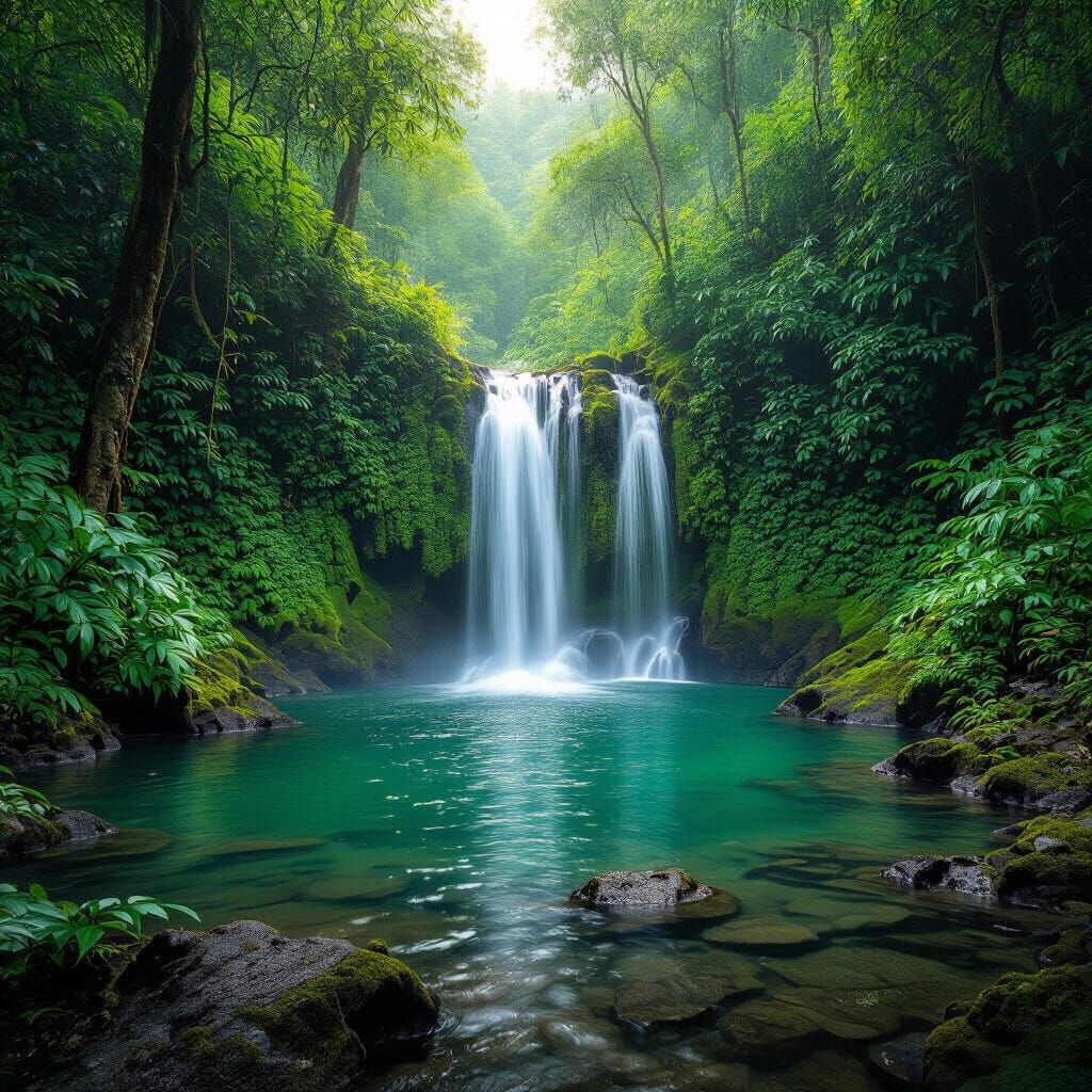 Lush Rainforest Waterfall in Golden Hour Lighting