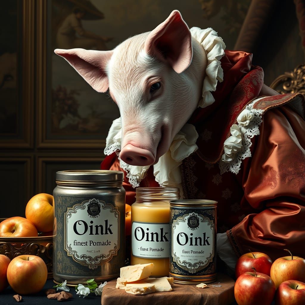 Rococo Courtier Admires Oink's Finest Pomade in Opulent Stil...
