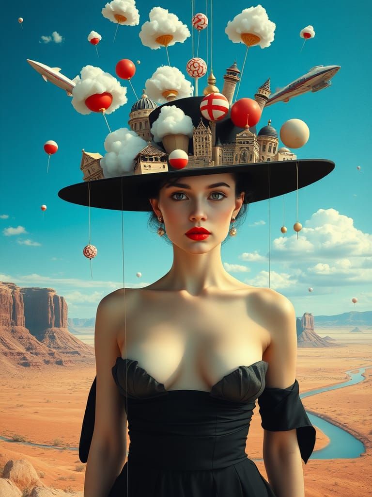 Surreal Woman Portrait with Floating Objects on Hat