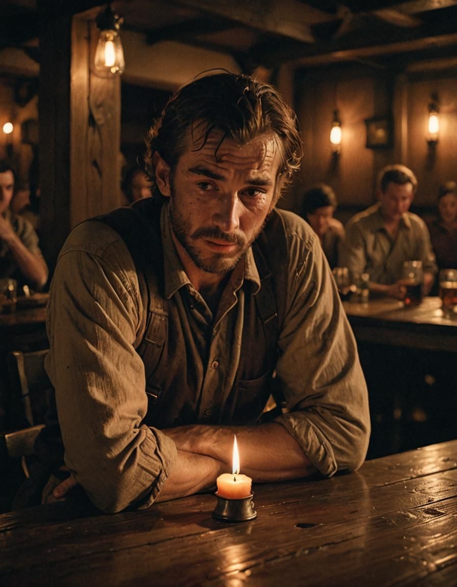 Melancholy Warrior in Dimly Lit Tavern