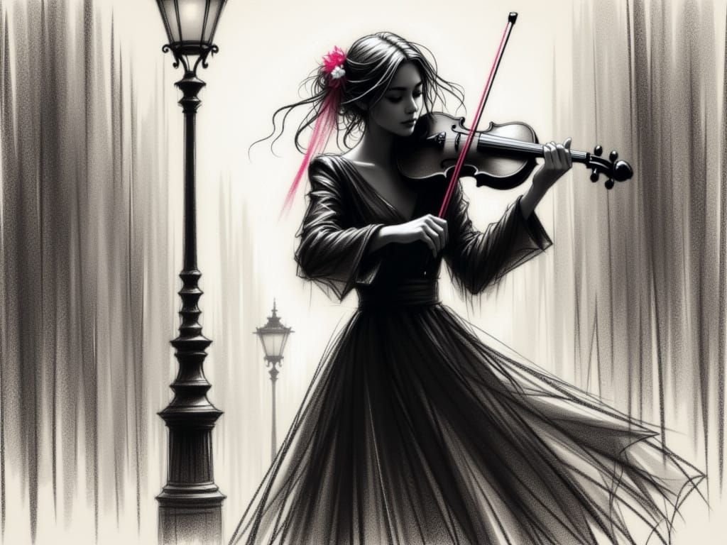 Violinist in Charcoal Sketch with Red Ribbon