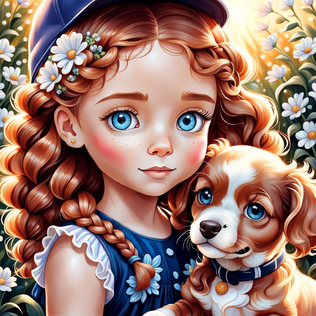 Girl with Puppy in Whimsical Cartoon Portrait
