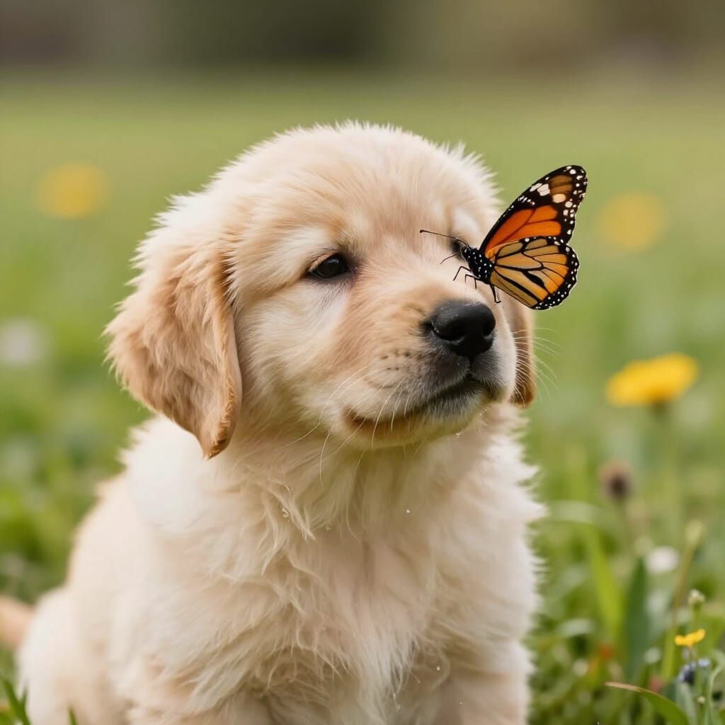 Fluffy Puppy Meets Butterfly in Sunlit Meadow