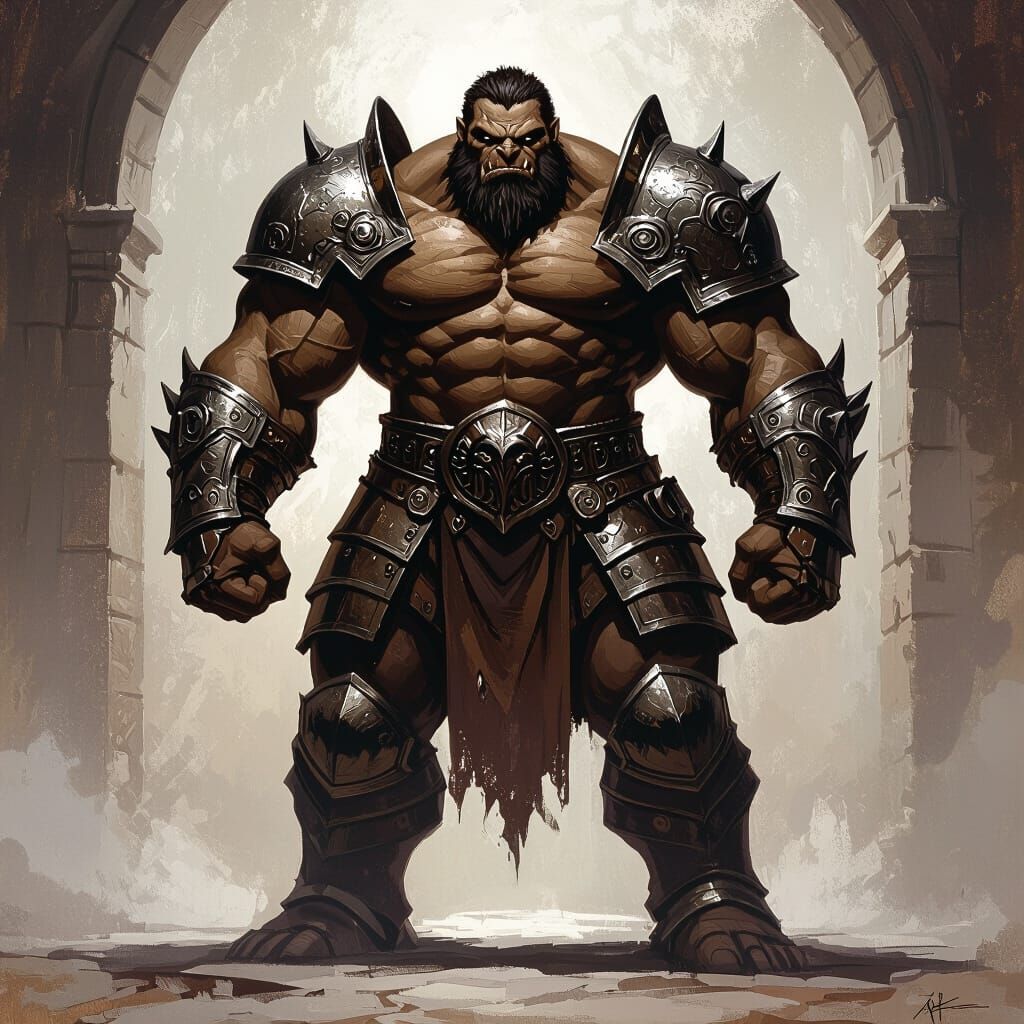 Muscular Brown Monster in Intricate Medieval Armor