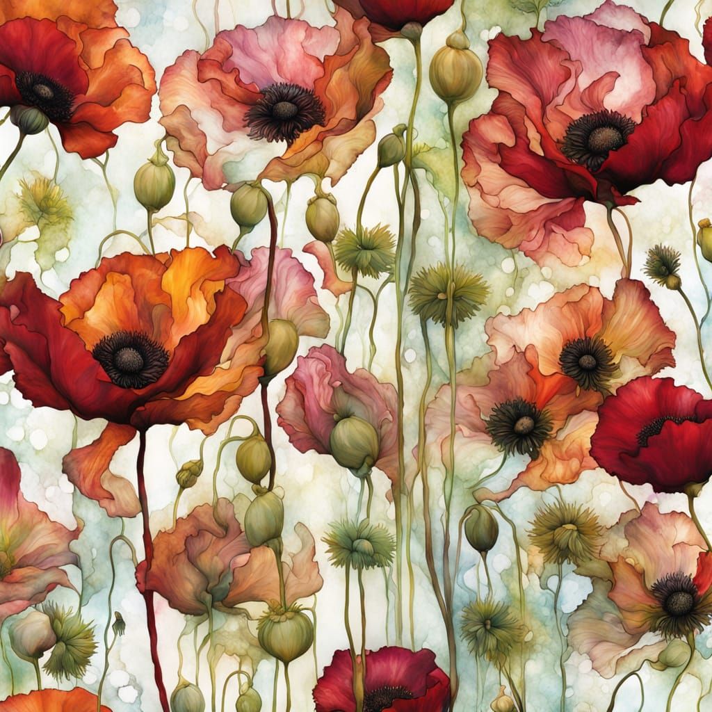 Papaver Somniferum Plants in Alcohol Ink Style
