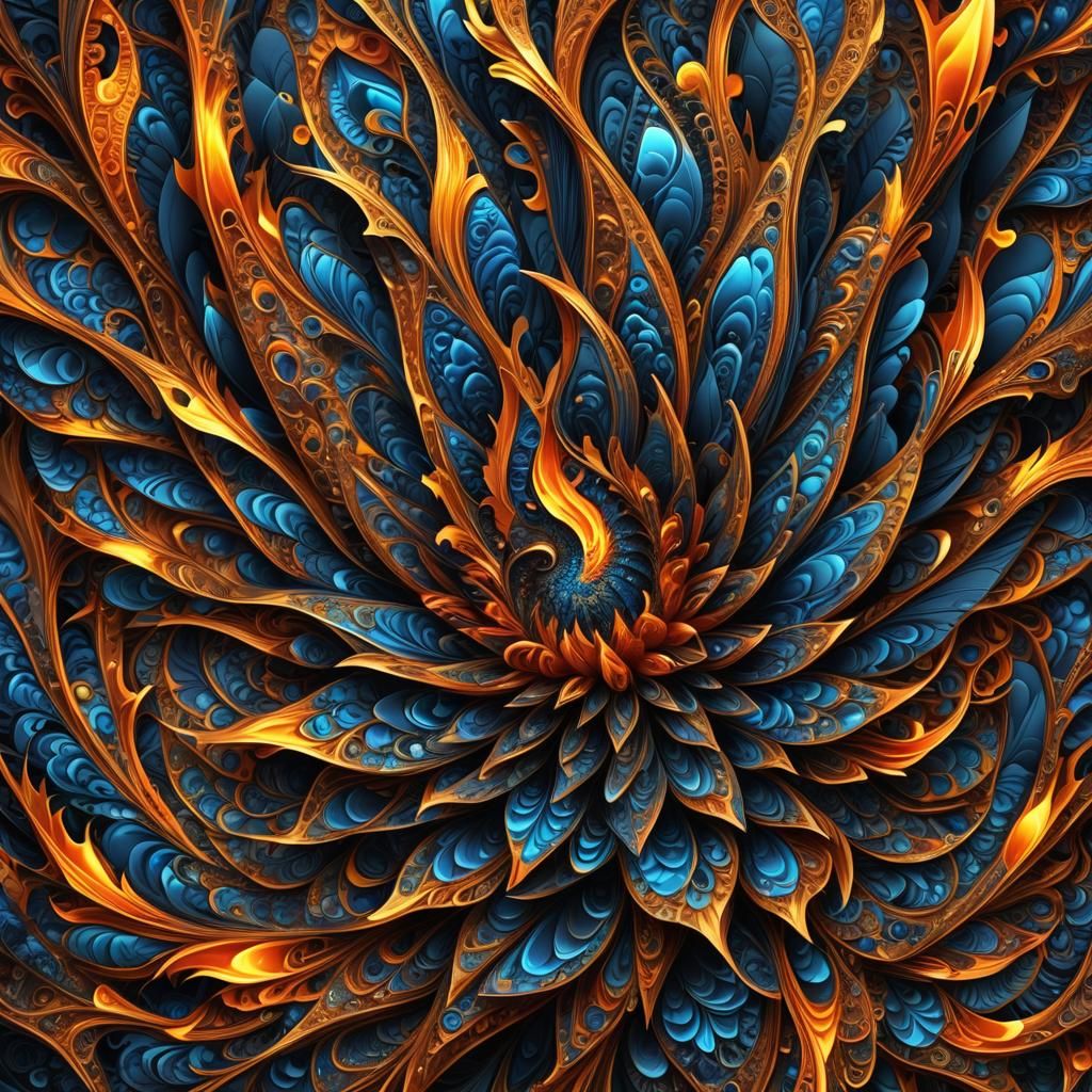 Fiery Origami Phoenix Reborn: Abstract Vector Fractal Art
