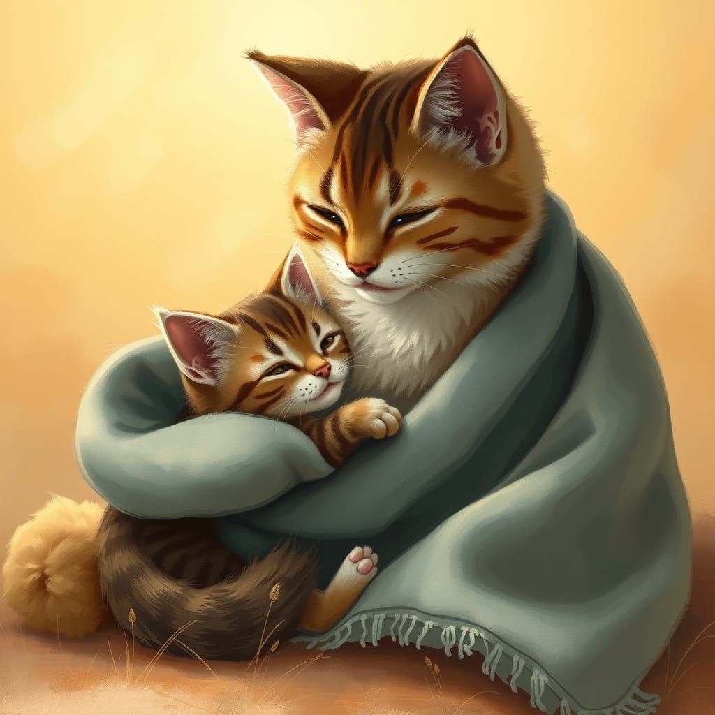 Whimsical Feline Bond in Warm Hues
