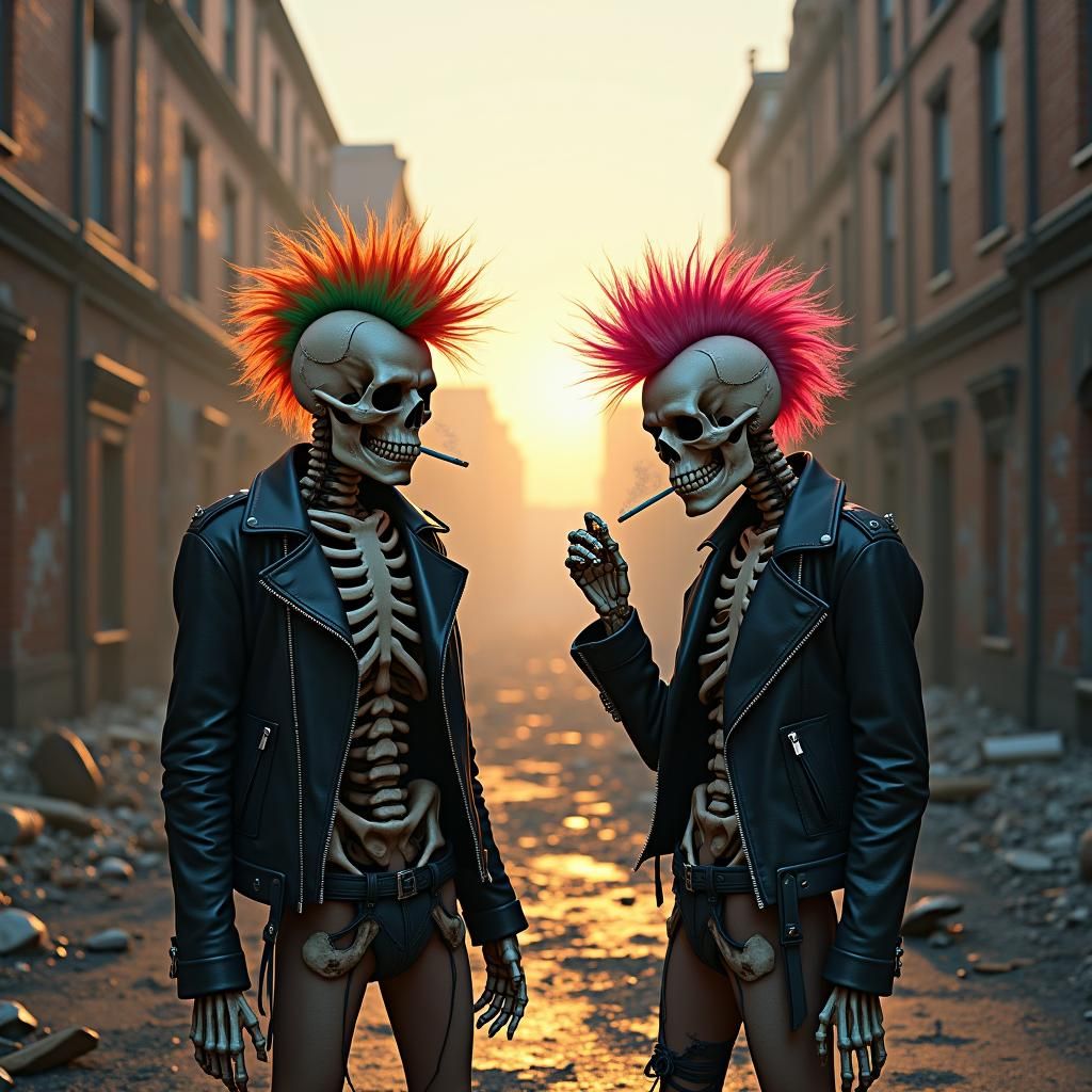 Post-Apocalyptic Punk Skeletons in Ruined Street