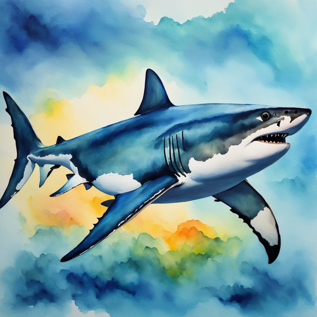 Great White Shark in Watercolour Painting