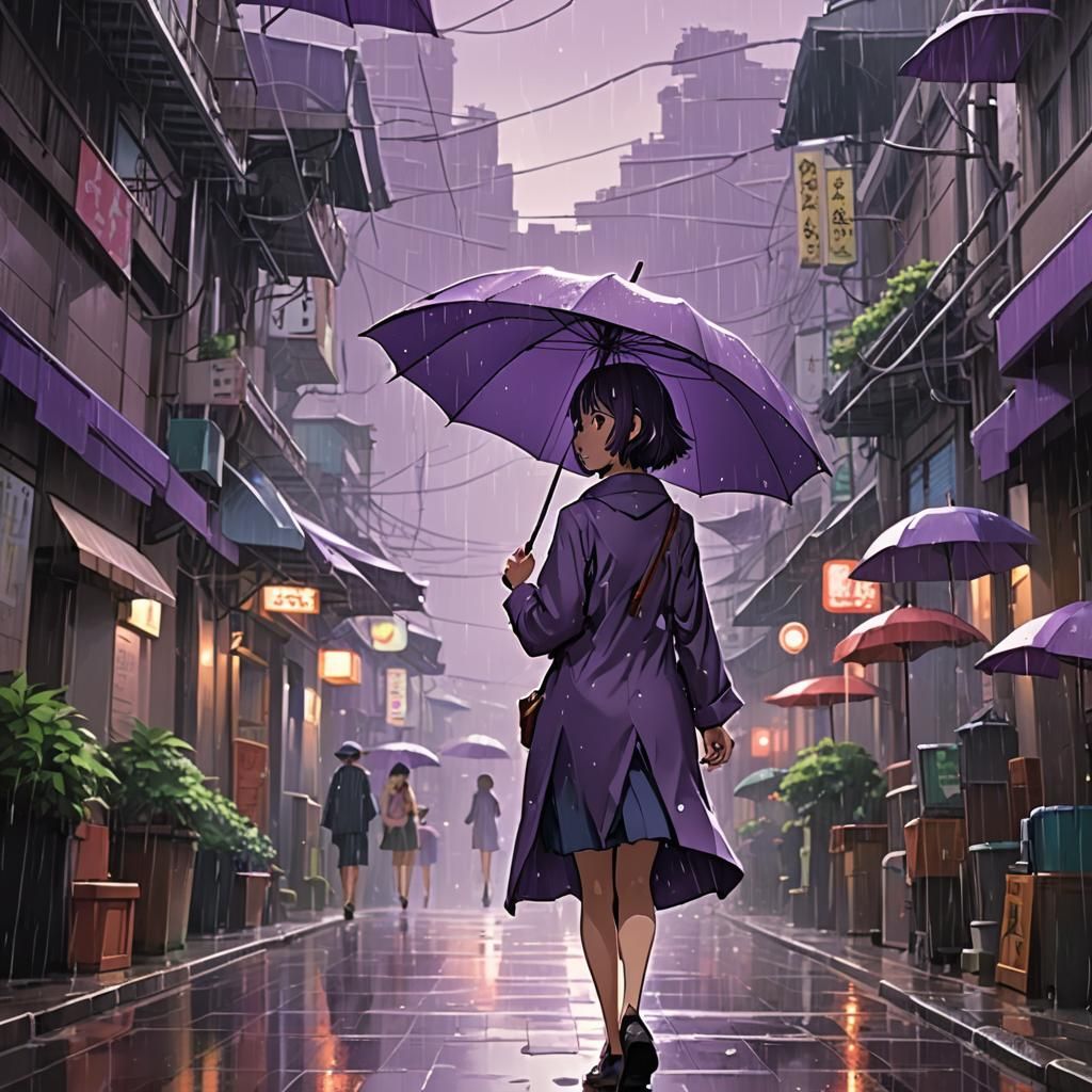 Anime Girl in Rain with Purple Umbrella