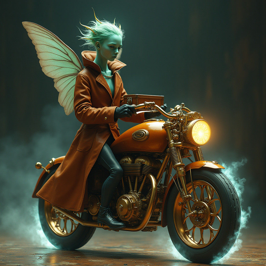 a mystical steampunk alien sanding by a  bike