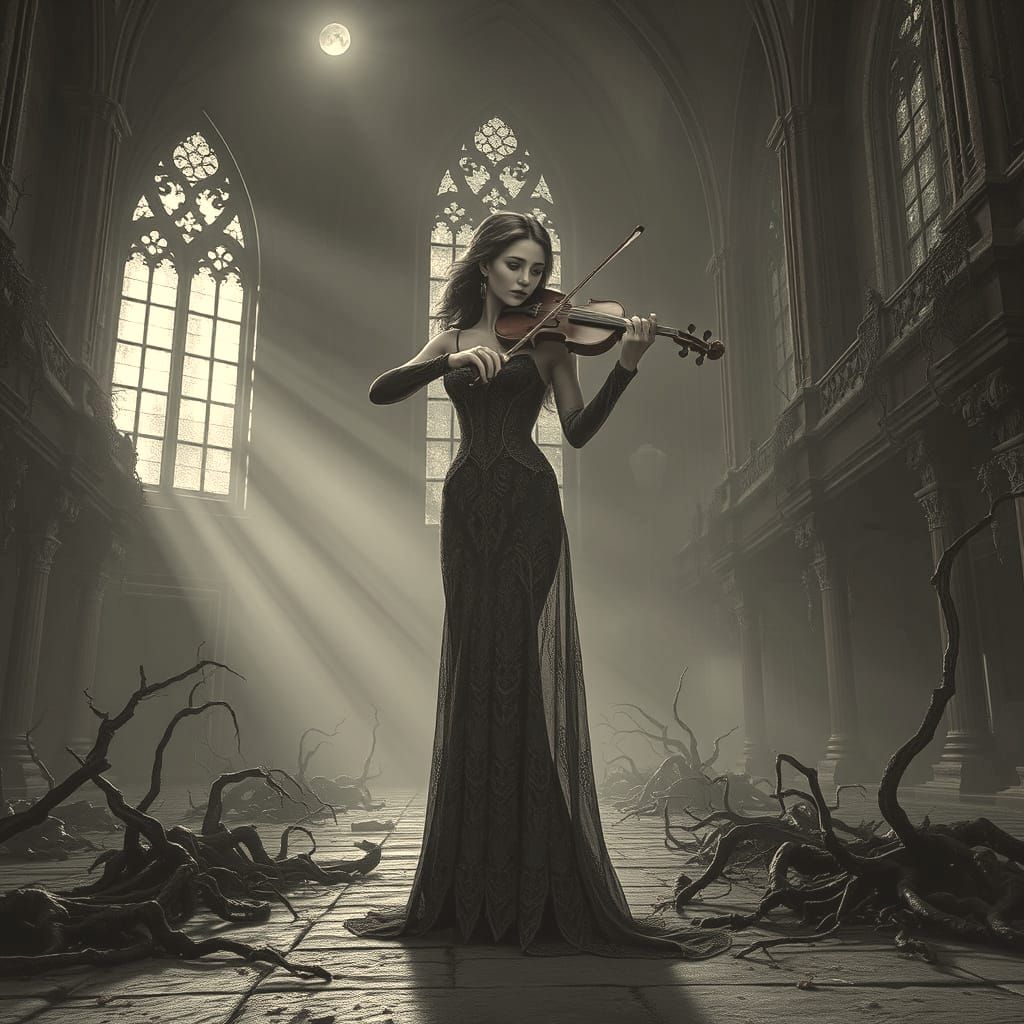Melancholic Gothic Beauty Plays Violin in Abandoned Ruins