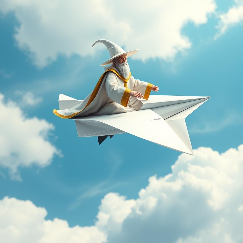 Magician Piloting Paper Airplane in Futuristic Style