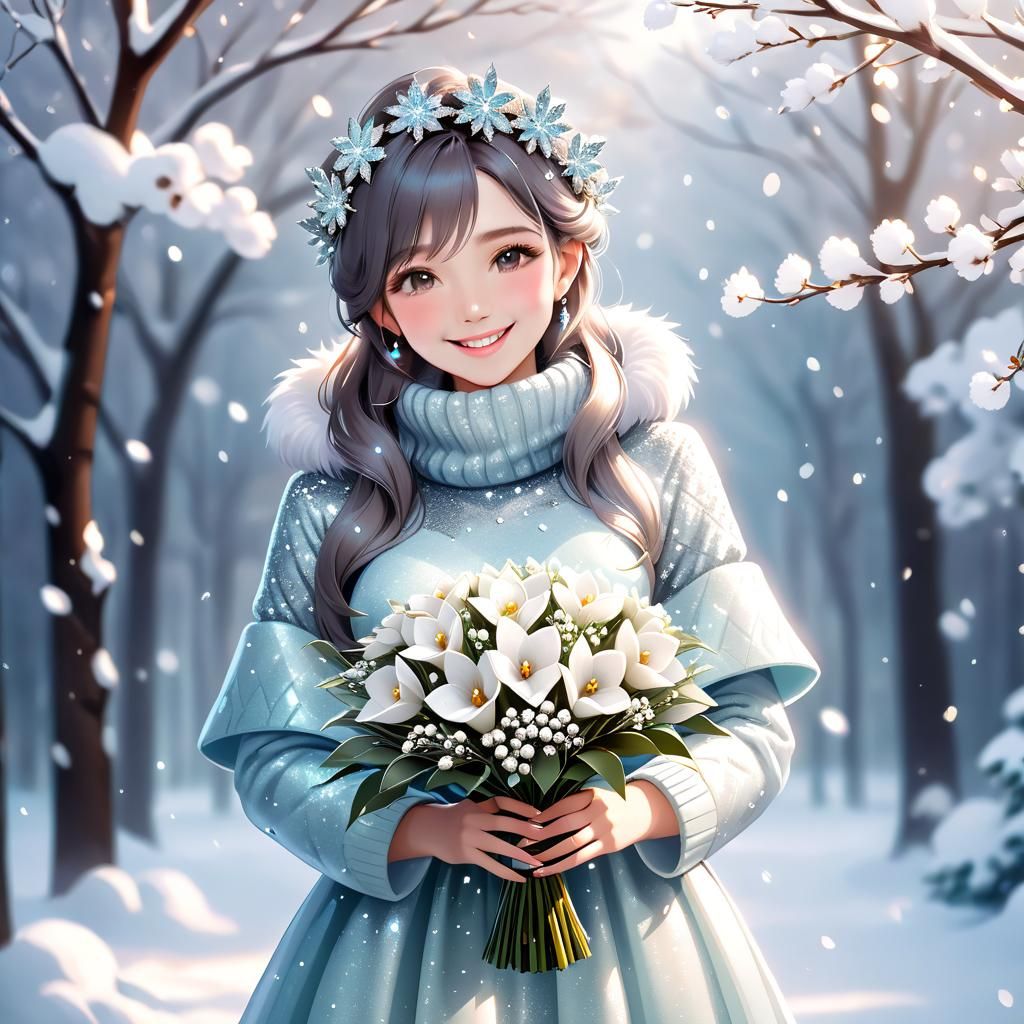 Young Woman in Diamond Dress with Winter Bouquet