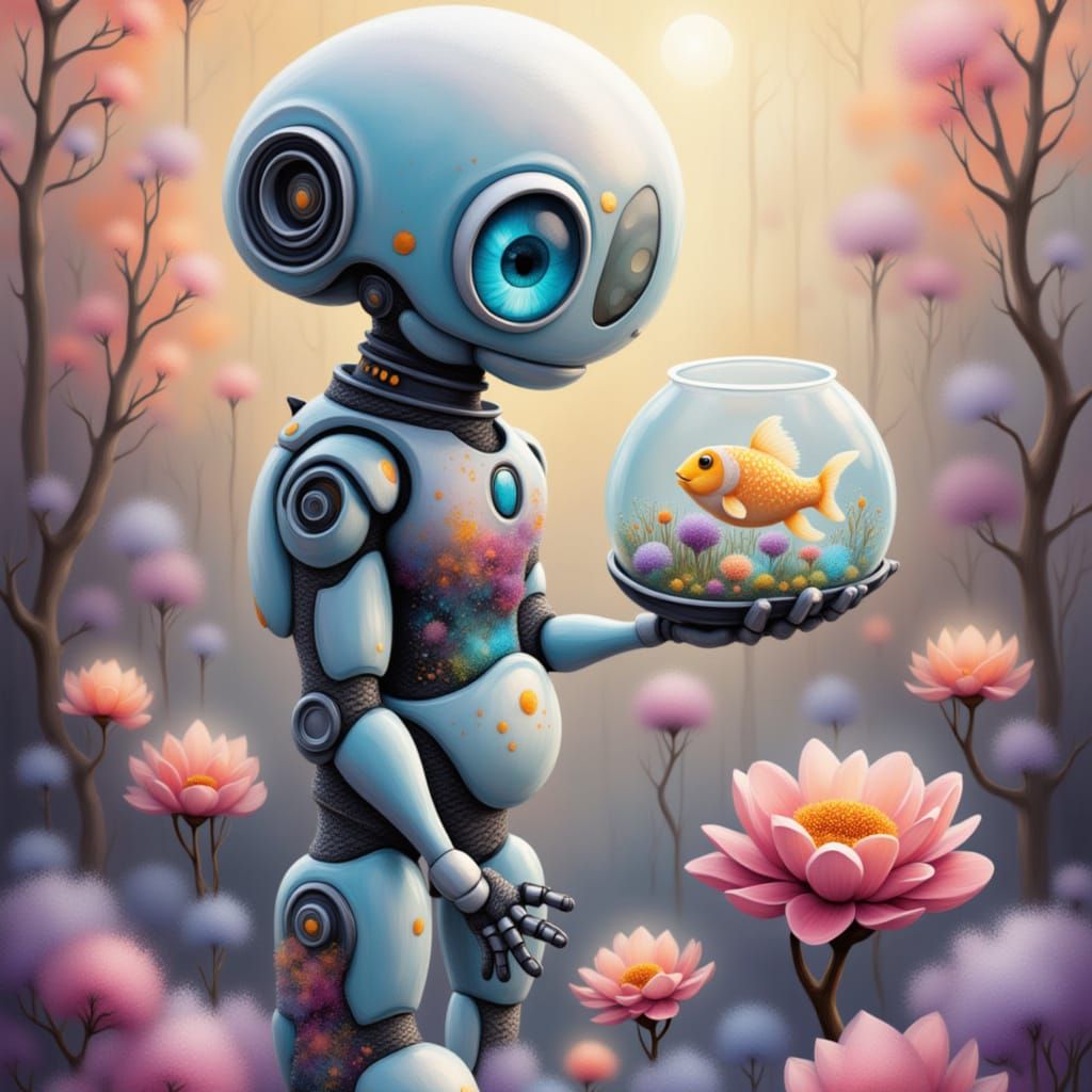 Cute Robot Holding Fishbowl with Frozen Effect