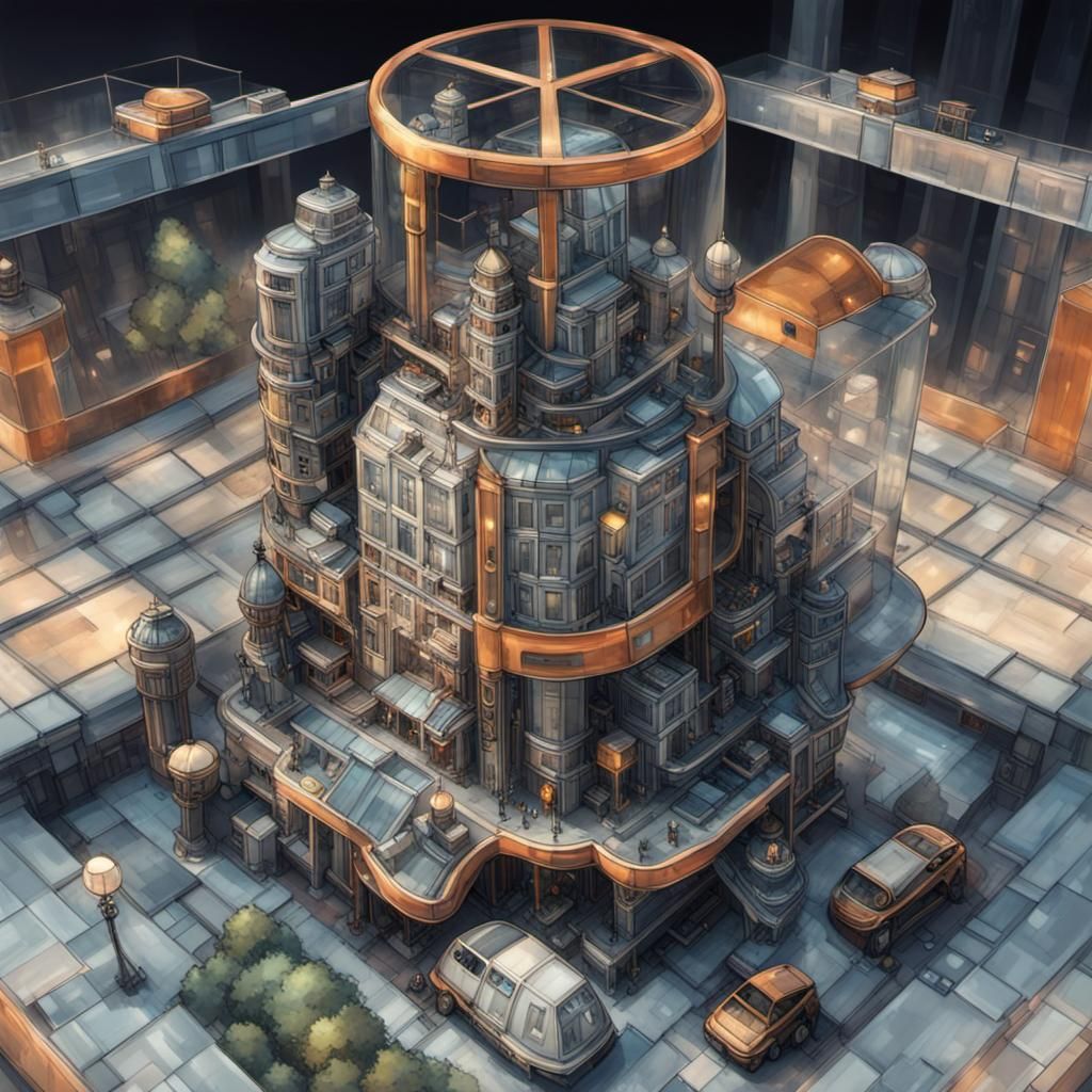 Futuristic Glass City in Steampunk Style