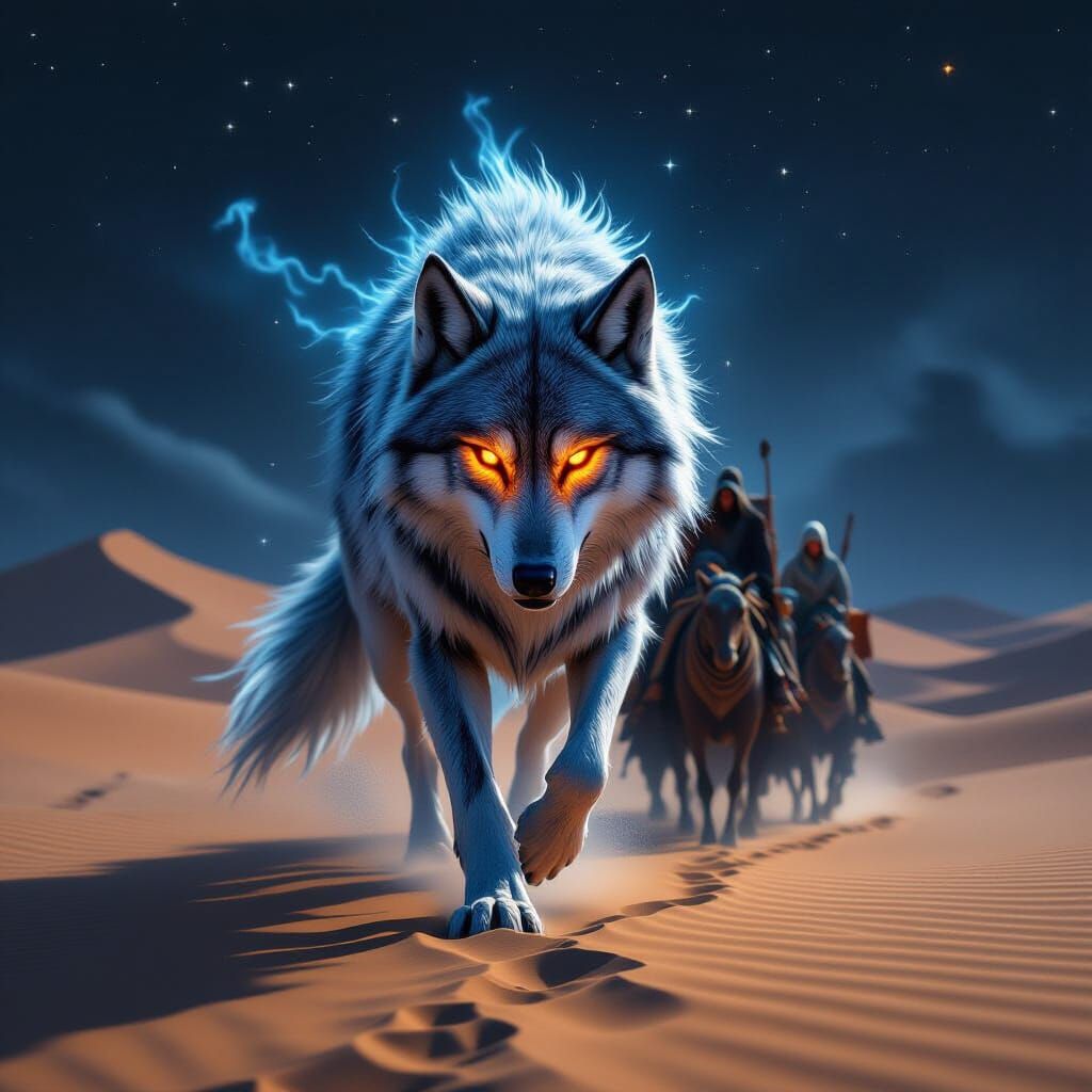 Ghost Wolf Leads Desert Caravan: Digital Starlight Painting