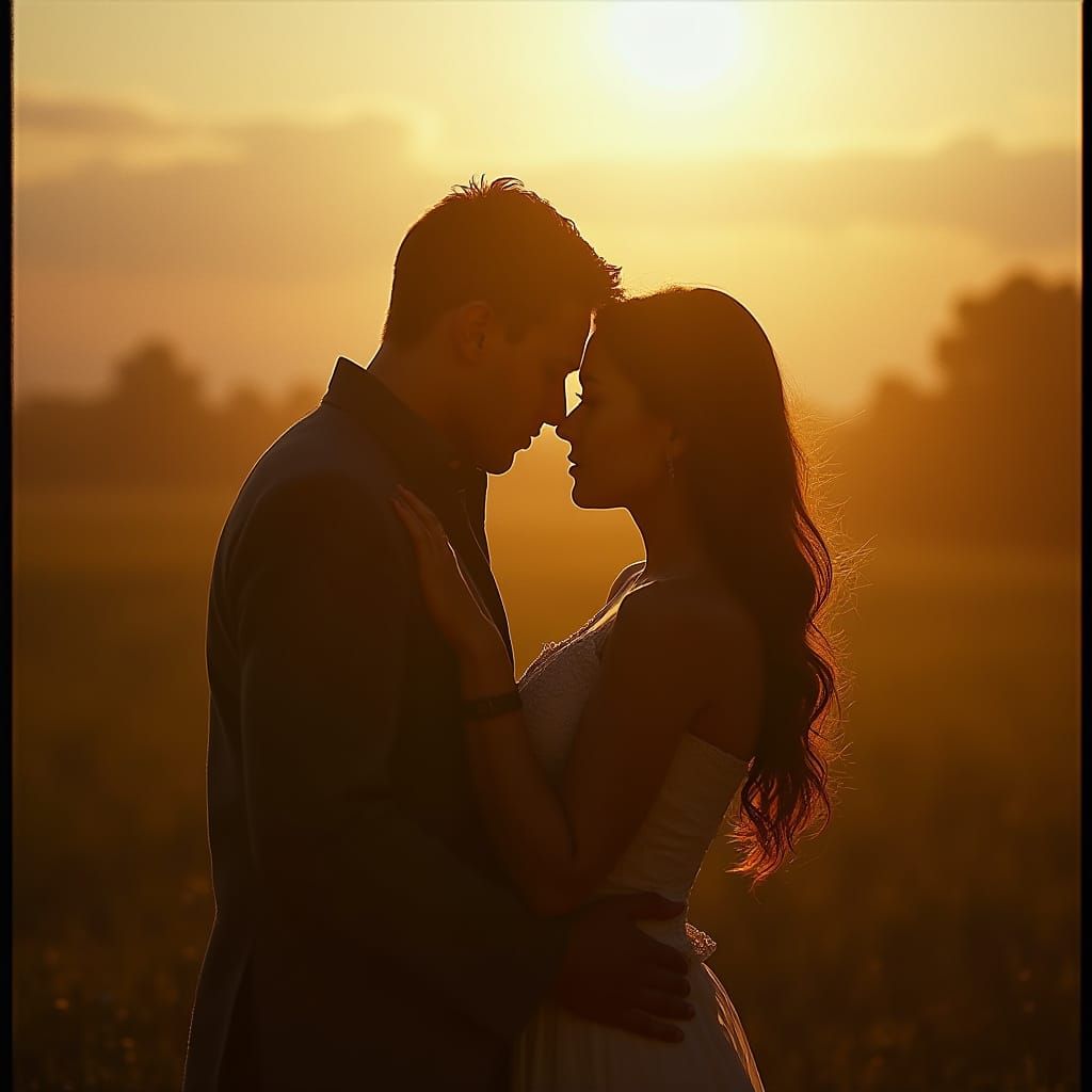 Romantic Embrace in Golden Light, Cinematic Still