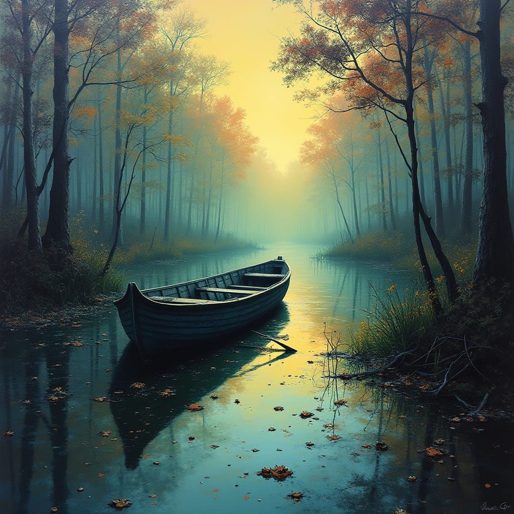 Sunken Rowboat in Hazy Cypress Swamp with Graffiti Art