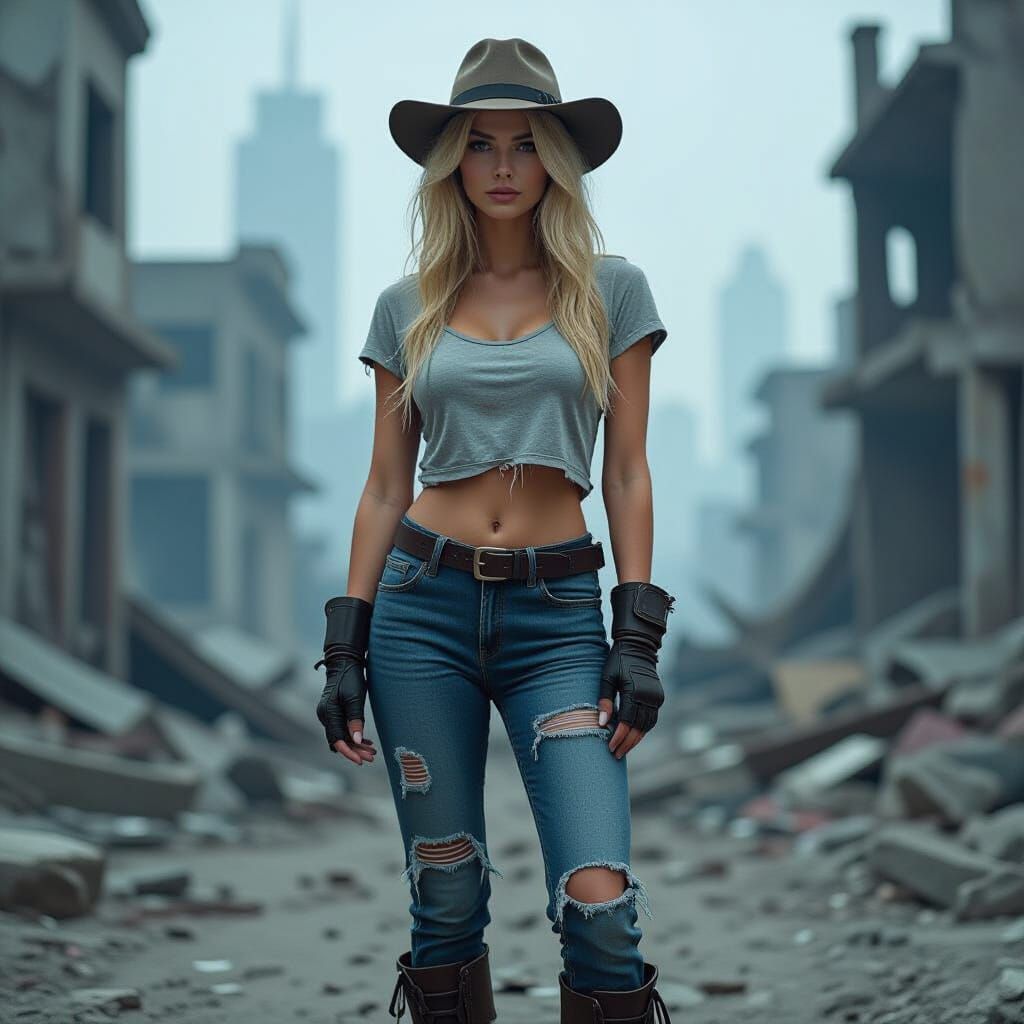 Dystopian Fashion in Ruined Cityscape: Hyperrealistic Style