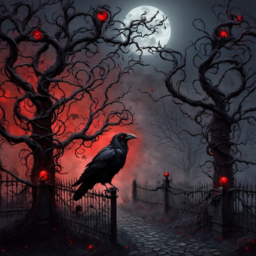 A creepy garden with wrought iron fencing and dark tangled trees. A raven with glowing red eyes, perches on a tree branc...