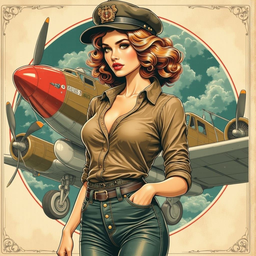 Pin-Up Girl and Bomber in Neo-Traditional Tattoo Style