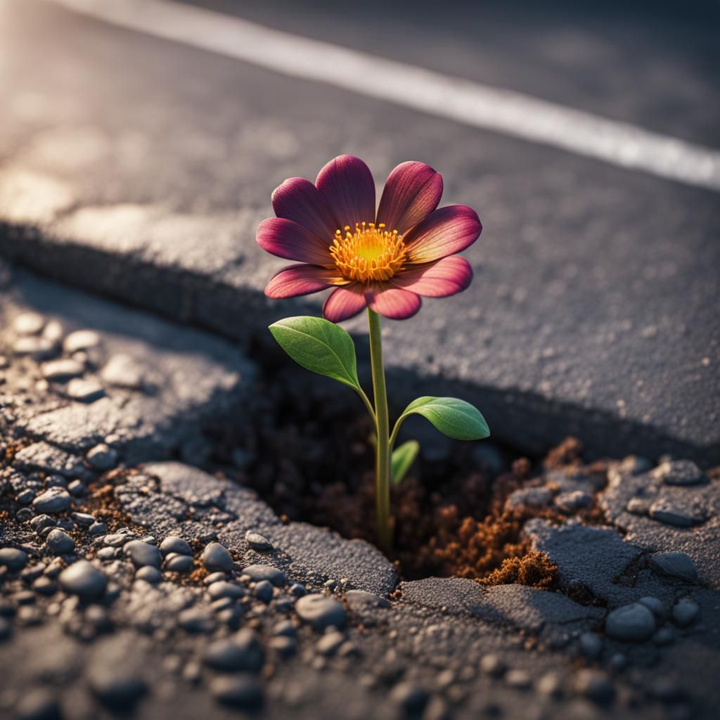 Magical Flower Sprouts in Asphalt Crack: Fantasy Art