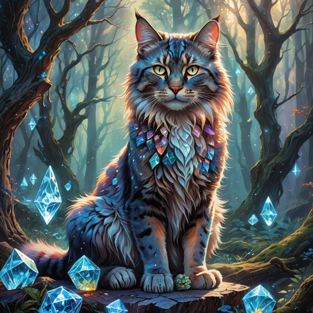 Mystical Cat on Crystal Throne: Fantasy Art