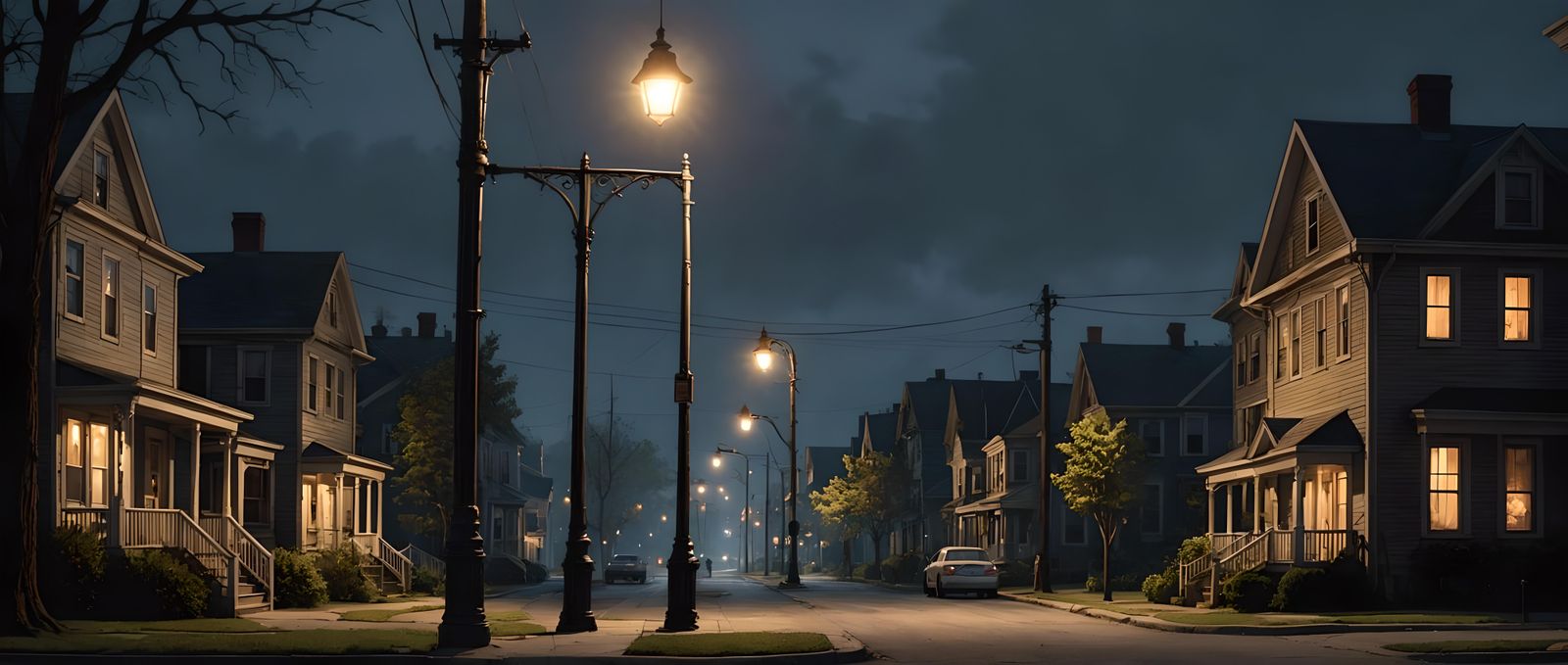 Eerie neighborhood, creatures lurk behind the light posts, h...