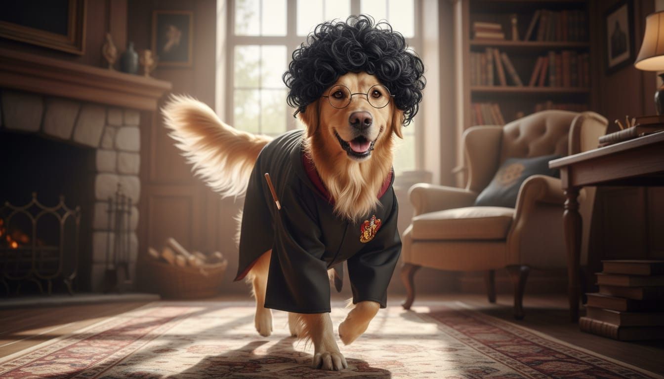 Golden Retriever Wizard Dog in Hogwarts Robe