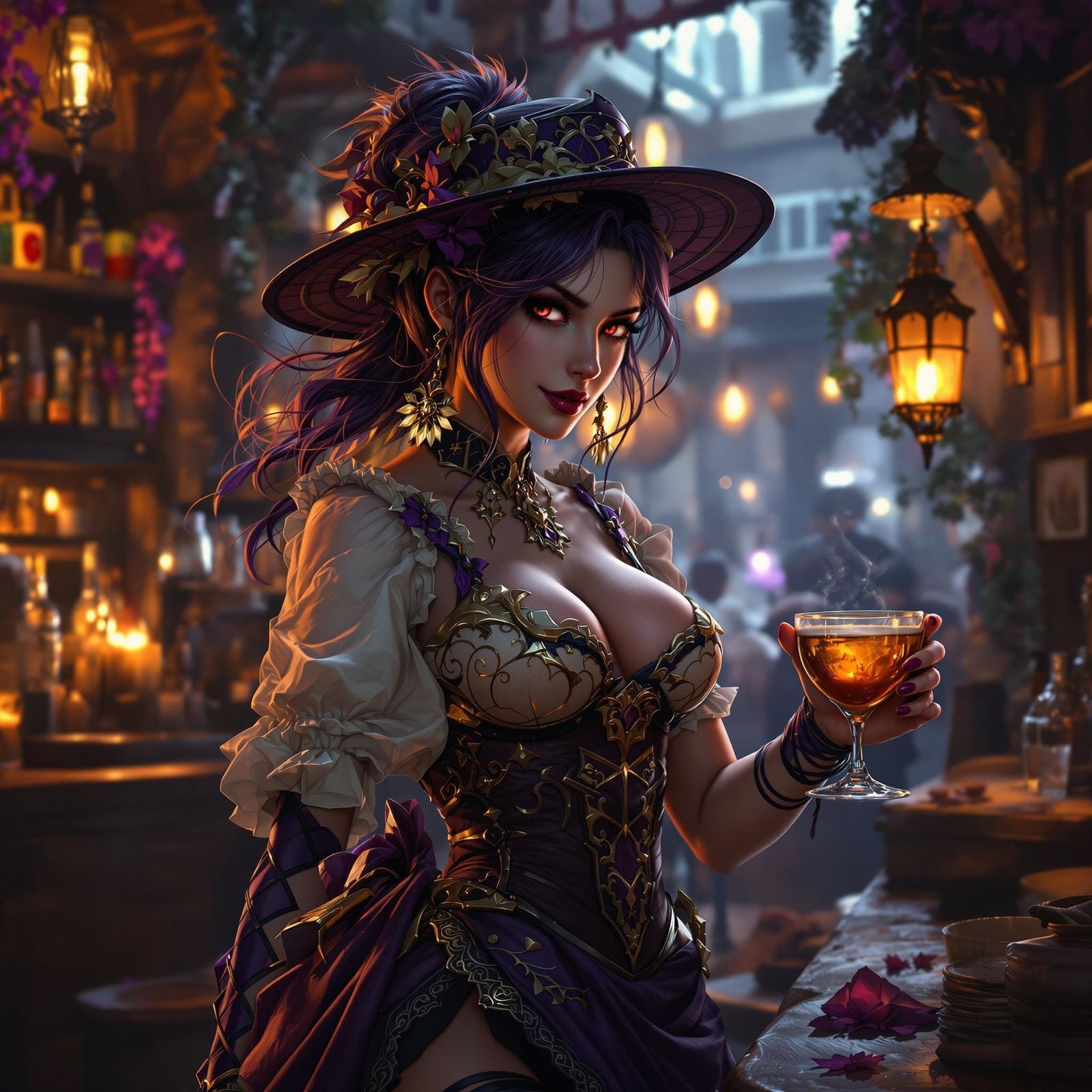 Dark Fantasy Tavern Barmaid Concept Art in Vibrant Colors