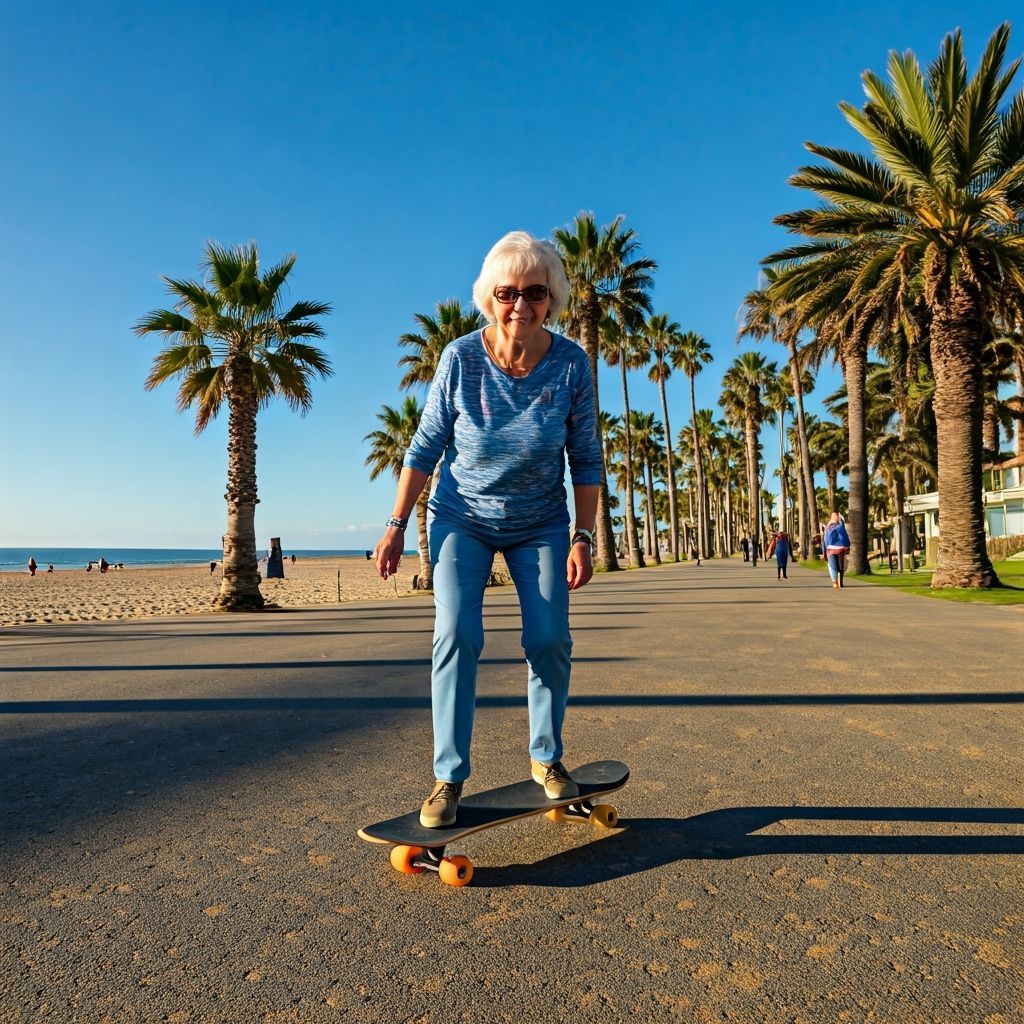 Grandma Skateboarding in Lush Beachside Park