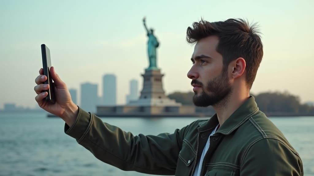 Man's Selfie with Statue of Liberty in Cinematic Style