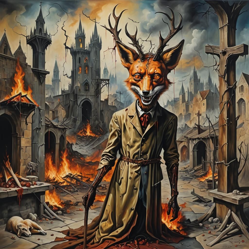 Apocalyptic Fox Trickster in Surrealist Oil Painting