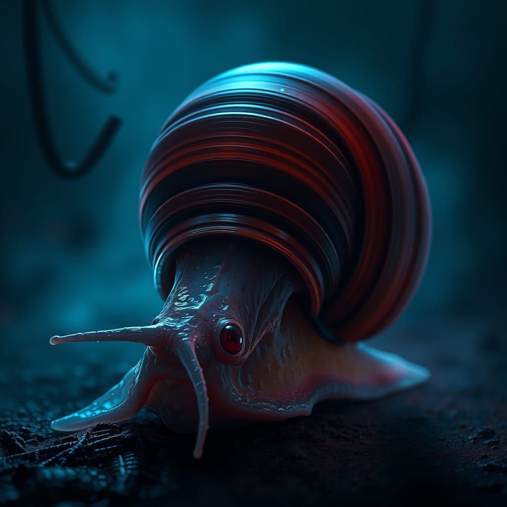 Snail with Intense, Glowing Beady Eyes in Dark, Misty Enviro...